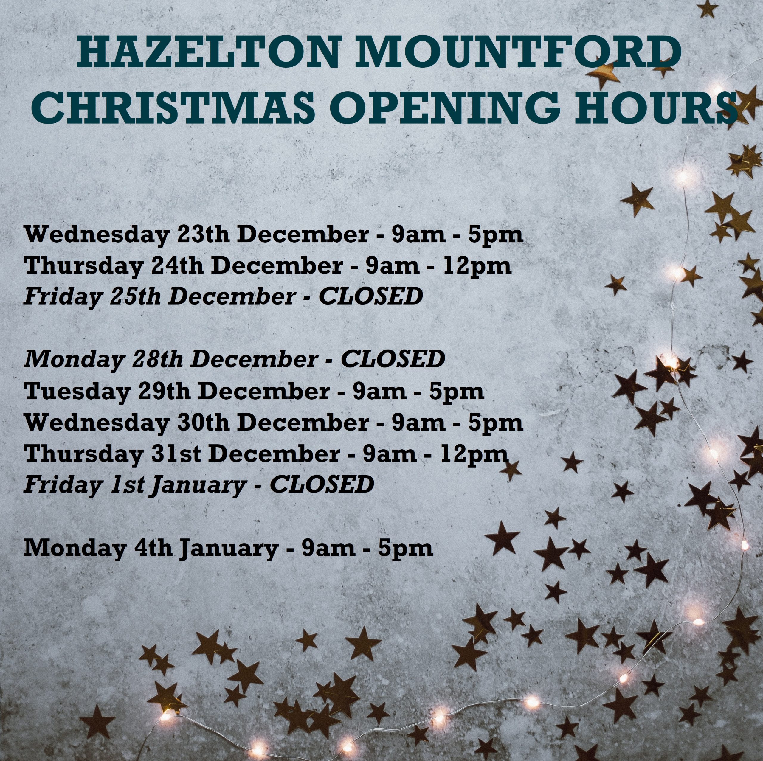 We hope you won't need them, although please note our claims contact details here and festive opening hours. Merry Christmas from all of the team at Hazelton Mountford. Take care and stay safe.
